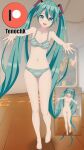  absurdres barefoot blue_eyes blue_hair hatsune_miku highres hug lingerie pale_skin patreon_logo patreon_username self_upload twintails underwear vocaloid 