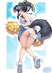  1girl animal_ears arm_tattoo ass bare_legs black_hair blue_archive blue_eyes bracelet breasts censored clothing_aside disembodied_limb dog_ears dog_tail from_behind full_body goggles goggles_on_head gonster halo hibiki_(blue_archive) hibiki_(cheerleader)_(blue_archive) highres holding holding_pom_poms jewelry large_breasts looking_back mosaic_censoring open_mouth panties panties_aside pom_pom_(cheerleading) ponytail pussy shoes sidelocks solo_focus star_tattoo tail tattoo underwear white_footwear white_panties 