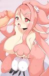  big_breasts blush breasts female fur genitals hair hi_res human human_on_humanoid humanoid interspecies jellcaps kneeling male male/female mammal mochi_(jellcaps) nipples penis pink_body pink_fur pink_hair prehensile_hair tongue tongue_out 