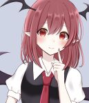  1girl bat_wings grey_background head_wings highres index_finger_raised koakuma light_smile looking_at_viewer piyoru_nico pointy_ears red_eyes red_hair shirt simple_background solo touhou upper_body wings 