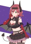  1girl :q arm_at_side arm_garter assault_lily bangs bare_shoulders bat_wings black_hair black_shirt black_wings blush breasts brown_thighhighs cleavage cleavage_cutout closed_mouth clothing_cutout commentary cowboy_shot crop_top demon_costume demon_horns demon_tail elbow_gloves fake_horns fake_tail fake_wings garter_belt garter_straps gloves green_eyes hair_between_eyes halloween_costume hand_to_own_mouth hand_up hatsukano_you heart_cutout highres horns kanden_natsume large_breasts medium_hair navel official_alternate_costume purple_background red_gloves red_hair shirt sleeveless sleeveless_shirt smile solo stomach tail thighhighs tiara tongue tongue_out two-tone_background white_background wings 