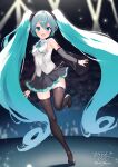  1girl :d absurdres aqua_hair bangs black_footwear black_skirt black_sleeves blue_eyes blue_ribbon blurry blurry_background blush brown_thighhighs collared_shirt commentary_request depth_of_field detached_sleeves dress_shirt full_body glowstick hair_between_eyes hatsune_miku hatsune_miku_(nt) high_heels highres long_hair long_sleeves looking_at_viewer neck_ribbon ochinsama piapro pleated_skirt ribbon see-through shirt shoes signature skirt sleeveless sleeveless_shirt smile solo standing standing_on_one_leg thighhighs twintails twitter_username very_long_hair vocaloid white_shirt wide_sleeves 