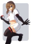  1girl :d bangs black_footwear black_gloves boots brown_hair commentary_request cosplay elbow_gloves gloves happy highres holding holding_poke_ball jacket jessie_(pokemon) jessie_(pokemon)_(cosplay) leg_up logo may_(pokemon) nanjou_satoshi open_mouth poke_ball poke_ball_(basic) pokemon pokemon_(anime) pokemon_rse_(anime) purple_eyes side_slit skirt smile solo spread_fingers team_rocket thigh_boots tongue white_jacket white_skirt 