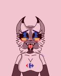  2022 ahegao anthro bellabot black_body blue_eyes blush bodily_fluids breasts carrefour cheek_tuft domestic_cat eyeshadow facial_tuft featureless_breasts felid feline felis female front_view hi_res kerfus kivvi55205332 logo looking_pleasured makeup mammal multicolored_body saliva solo tongue tongue_out tuft two_tone_body white_body 
