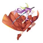  belt boots bow bracelet breasts brown_footwear buttons dress hair_ribbon highres jewelry katana long_hair loose_belt non-web_source ponytail purple_eyes purple_hair red_dress red_eyes ribbon small_breasts solo sword touhou touhou_lost_word watatsuki_no_yorihime weapon 