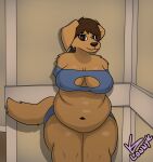  anthro belly belly_overhang belly_rest big_belly big_breasts bird_dog breasts canid canine canis cleavage_cutout clothing domestic_dog female hi_res hunting_dog labrador leaning_on_wall lingerie lonnyk mammal nipple_outline obese obese_female overweight overweight_female retriever solo 