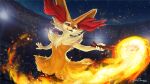  anthro braixen branch breasts chest_tuft crowd dancing daniel_tibana embers fangs female fire fur generation_6_pokemon group holding_object inner_ear_fluff looking_away night nintendo open_mouth performance pokemon pokemon_(species) red_body red_eyes red_fur sky small_breasts smile solo stadium stadium_lighting star starry_sky stick teeth tuft video_games white_body white_fur yellow_body yellow_fur 