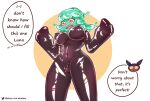  1girl blush bodysuit breasts cameltoe colored_skin formal green_hair green_skin highres juno_(omega_strikers) large_breasts latex latex_bodysuit miyo_uwu monster_girl omega_strikers pink_eyes self_upload shiny skin_tight slime_(substance) slime_girl solo suit thick_thighs thighs 