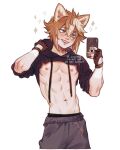  1boy abs animal_ears bad_link black_hoodie brown_hair cawchan cellphone crop_top dog_boy dog_ears fangs genshin_impact gorou_(genshin_impact) green_eyes grey_pants hair_between_eyes highres holding holding_phone hood hoodie iphone iphone_11_pro male_focus male_underwear multicolored_hair muscular muscular_male navel nipples open_mouth pants phone smartphone smile solo source_request teeth underwear white_hair white_male_underwear 