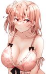  1girl bangs bra breasts cleavage closed_mouth collarbone hair_bun highres lace-trimmed_bra lace_trim large_breasts pink_bra pink_eyes pink_hair red_hayao short_hair simple_background single_side_bun solo underwear upper_body white_background yahari_ore_no_seishun_lovecome_wa_machigatteiru. yuigahama_yui 