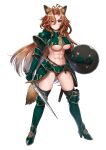  1girl abs absurdres animal_ear_fluff animal_ears armor bikini_armor breasts brown_hair closed_mouth clothing_cutout fox_ears fox_girl fox_tail full_body glaring highres holding holding_shield holding_sword holding_weapon long_hair looking_at_viewer muscular muscular_female original purple_eyes sahara1127 shield shoulder_armor simple_background solo standing stomach_cutout sword tail thighhighs thighs underboob underboob_cutout very_long_hair weapon white_background 