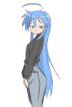  1girl absurdres aged_up ahoge ass blue_hair commentary flat_chest from_side green_eyes half-closed_eyes highres izumi_konata long_hair looking_at_viewer lucky_star pants simple_background smirk standing sweater very_long_hair white_background zlix0n 