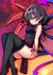  1girl adapted_costume ass asymmetrical_wings black_dress black_hair black_thighhighs blue_wings blush china_dress chinese_clothes dress hair_between_eyes harakune_(mugennero) houjuu_nue parted_lips pointy_ears red_eyes red_wings short_hair solo thighhighs touhou wings 