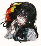  1girl 666666ttr black_hair blood blood_on_face chainsaw_man dress finger_to_mouth long_hair looking_at_another pinafore_dress red_eyes scar scar_on_face simple_background solo white_background yoru_(chainsaw_man) 