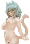  1girl animal_ears animal_hands bikini blue_hair blush breasts cat_ears cat_girl cat_tail collarbone hawthorn highres long_hair looking_at_viewer navel open_mouth original shiny shiny_hair simple_background small_breasts solo swimsuit tail whiskers white_background white_bikini yellow_eyes 