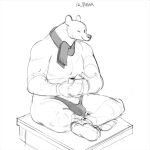  2022 anthro biped clothing container cup custapple digital_media_(artwork) holding_cup holding_object looking_at_viewer male mammal muscular muscular_anthro muscular_male one_eye_closed scarf sitting sketch smile smiling_at_viewer solo thong underwear ursid wink winking_at_viewer 