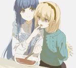  2girls :3 apron aqua_sweater arm_behind_back bangs black_hairband blonde_hair blue_apron blue_hair blunt_bangs closed_mouth collared_shirt cooking dress_shirt fang furude_rika grey_background hair_between_eyes hairband highres higurashi_no_naku_koro_ni houjou_satoko long_hair medium_hair multiple_girls open_mouth plaid plaid_apron purple_eyes ribbed_sweater shiny shiny_hair shirt sketch skin_fang straight_hair sweater usamin_(artist) very_long_hair white_shirt wing_collar 