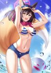  1girl :d absurdres animal_ear_fluff animal_ears armpits arms_up bangs bare_arms bikini bikini_under_clothes black_hair blue_archive blue_shorts blue_sky breasts cat_ears cleavage day denim denim_shorts fang flower hair_between_eyes hair_flower hair_ornament highleg highleg_bikini highres izuna_(blue_archive) izuna_(swimsuit)_(blue_archive) long_hair medium_breasts melreon micro_shorts navel ocean open_mouth outdoors shiny shiny_hair shiny_skin shorts sideboob skin_fang sky smile solo striped striped_bikini sunlight swimsuit visor_cap yellow_eyes yellow_flower 