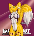  anthro bandai_namco big_breasts blue_eyes breasts darcknessart digimon digimon_(species) female fur hi_res looking_at_viewer multicolored_body multicolored_fur raised_tail renamon small_waist smile solo standing white_body white_fur yellow_body 