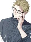  1boy absurdres blonde_hair blue_eyes expressionless glasses grey_sweater hand_on_own_face highres jujutsu_kaisen looking_to_the_side male_focus mamita nanami_kento ribbed_sweater short_hair solo sweater upper_body white_background 