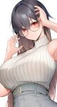 adjusting_eyewear belt black_hair blush breasts brown_hair character_request copyright_request dot_mouth glasses gradient_hair grey_skirt high-waist_skirt highres large_breasts long_hair looking_at_viewer multicolored_hair red_eyes ryuji_(ikeriu) skirt sleeveless sleeveless_turtleneck sweater turtleneck underbust white_background white_sweater 
