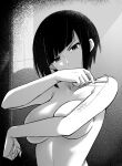 1girl absurdres akiba_maid_sensou bangs black_hair breast_hold breast_press breasts diagonal_bangs gradient gradient_background greyscale high_contrast highres hiroshi_(manjia_li) injury large_breasts mannen_ranko monochrome nude sewing simple_background solo thread upper_body 