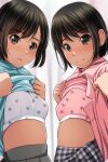  2girls absurdres black_hair blue_shirt blush bra brown_eyes closed_mouth clothes_lift highres lifted_by_self looking_at_viewer matsunaga_kouyou multiple_girls original pink_bra pink_shirt shirt shirt_lift short_hair smile underwear white_bra 