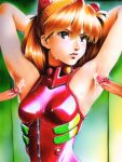  1girl 2boys ai-generated armpit_sex armpits arms_up asuka_langley_souryuu bare_arms breasts cum cum_on_armpits cum_on_body cumdrip disgust ejaculation medium_breasts multiple_boys multiple_penises neon_genesis_evangelion non-web_source penis plugsuit pursed_lips 