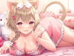  1girl animal_ears blush bow braid breasts brown_hair cat_ears cat_tail character_request cleavage collarbone commentary_request copyright_request fang hair_bow hair_ornament hair_ribbon highres itsuki_jun large_breasts long_hair looking_at_viewer lying on_stomach open_mouth pillow pink_ribbon red_eyes ribbon skin_fang smile stuffed_animal stuffed_cat stuffed_toy tail twin_braids twitter_username virtual_youtuber white_bow x_hair_ornament 