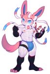 abs absurd_res anthro areola biped blush blush_lines bulge clothed clothing cydonia_xia eeveelution fur generation_6_pokemon half_naked hi_res male nintendo nipples pink_body pink_fur pink_tail pokemon pokemon_(species) simple_background solo standing sylveon video_games white_body white_fur 