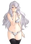 1girl absurdres ass_visible_through_thighs blush bra breasts cleavage deirdre_(fire_emblem) fire_emblem fire_emblem:_genealogy_of_the_holy_war highres light_purple_hair long_hair looking_at_viewer medium_breasts navel panties purple_eyes purple_hair simple_background smile solo thighhighs tridisart underwear white_bra white_panties 