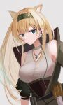  1girl animal_ears arknights bare_shoulders black_hairband black_jacket blonde_hair blue_eyes commentary_request enpu_(emplehuoy) grey_background grey_choker grey_tank_top hairband highres horn_(arknights) jacket long_hair looking_at_viewer off_shoulder simple_background solo tank_top upper_body very_long_hair wolf_ears 