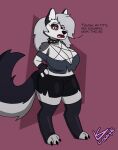  annoyed anthro big_breasts breasts canid canid_demon cleavage clothed clothing demon dialogue female hellhound helluva_boss hi_res huge_breasts lonnyk loona_(helluva_boss) mammal solo standing wide_hips 