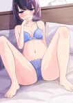  1girl bare_legs barefoot bed bed_sheet blue_bra blue_panties blush bra breasts cleavage closed_mouth collarbone commentary_request crotch enokitake feet highres looking_at_viewer m_legs navel on_bed original panties pillow purple_eyes purple_hair sitting small_breasts solo spread_legs stomach thighs tissue_box toes underwear underwear_only 
