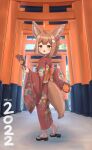  1girl 2022 ahoge animal_ear_fluff animal_ears bag bangs blush brown_hair floral_print folded_ponytail fox_ears fox_girl fox_tail hagoita hair_ornament hairclip heel_up highres holding holding_bag holding_paddle jacy japanese_clothes kimono long_sleeves looking_at_viewer looking_back obi okobo open_mouth orange_eyes original outdoors paddle red_kimono sash socks solo standing tail torii white_socks wide_sleeves 