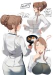  1girl absurdres among_us apron blush braid breasts brown_hair chef chef_uniform crewmate_(among_us) crown_braid egg english_commentary finger_in_own_mouth girls&#039;_frontline grey_eyes hair_bun hand_on_hip highres holding_pan kion-kun large_breasts lee-enfield_(girls&#039;_frontline) open_mouth pants sidelocks twitter_username white_background white_pants 