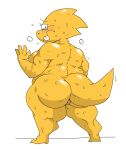  2022 alphys anthro big_butt bodily_fluids breasts buckteeth butt eyewear eyewear_only female full-length_portrait genitals glasses glasses_only hi_res looking_back mhdrawin nude overweight overweight_anthro overweight_female portrait pussy rear_view scalie side_boob solo standing sweat teeth undertale_(series) yellow_body 