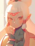  1girl bangs bellhenge brown_eyes hair_bun jewelry long_hair necklace paya_(zelda) pointy_ears solo the_legend_of_zelda the_legend_of_zelda:_breath_of_the_wild turtleneck upper_body white_hair 