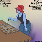  anthro blue_body blue_scales breasts cookie eye_patch eyewear female fish food furniture hair hi_res marine ponytail red_eyes red_hair scales signature solo steam table text undertale_(series) undyne weight_gain wenisberry 