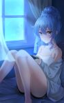 1girl absurdres blue_eyes blue_hair camisole collarbone curtains hair_between_eyes hair_bun highres hololive hoshimachi_suisei jacket jacket_partially_removed looking_at_viewer medium_hair night nintendo_switch off_shoulder parted_lips shorts sitting solo star_(symbol) star_in_eye symbol_in_eye thighs tilu virtual_youtuber window 