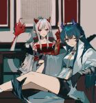  2girls aqua_hair arknights belt black_belt black_shorts black_skin blue_horns coat collarbone colored_skin cup dragon_girl dragon_horns dragon_tail earrings flame-tipped_tail gradient_hair gradient_skin holding holding_cup horns jewelry ling_(arknights) long_hair multicolored_hair multiple_girls necktie nian_(arknights) one_eye_closed open_clothes open_coat pointy_ears ponytail purple_eyes qiangjiaodiangong red_bandeau red_hair red_horns red_skin shorts siblings sidelocks strapless streaked_hair tail tassel tassel_earrings tube_top white_coat white_hair white_shorts yellow_necktie 