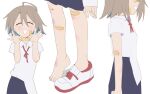  1girl ahoge bandaid bandaid_on_arm bandaid_on_cheek bandaid_on_face bandaid_on_foot bandaid_on_leg bandaid_on_nose brown_hair closed_eyes do_it_yourself!! fang feet looking_at_viewer multiple_views school_uniform shirt shoes short_hair simple_background single_shoe skin_fang smile source_request white_background yua_serufu 