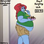  anthro belly_overhang blue_body blue_scales bottomwear bowl breasts cargo_shorts clothing container dessert eating eye_patch eyewear female fish food green_clothing green_shirt green_topwear hair hi_res ice_cream marine morbidly_obese nintendo number obese obese_female overweight overweight_female ponytail red_eyes red_hair scales shirt shorts signature smile solo text the_legend_of_zelda topwear undertale_(series) undyne video_games walking weight_gain wenisberry 