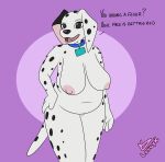  101_dalmatian_street 101_dalmatians anthro big_breasts breasts canid canine canis dalmatian delilah_(101_dalmatians) dialogue disney domestic_dog female hi_res lonnyk mammal mature_female nipples nude overweight overweight_female sagging_breasts solo standing teasing 