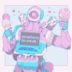  1boy alternate_color apex_legends apex_legends_mobile border english_text heart highres holding_ice_cream humanoid_robot one-eyed pathfinder_(apex_legends) pink_eyes polka_dot polka_dot_background reian robot screen solo upper_body white_border 