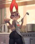  2022 anthro apron big_butt butt clothed clothing cooking disney female fur grey_body grey_fur hacatiko hi_res judy_hopps kitchen lagomorph leporid long_ears looking_at_viewer looking_back looking_back_at_viewer mammal open_mouth open_smile purple_eyes rabbit smile smiling_at_viewer solo zootopia 