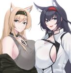  2girls :d absurdres animal_ear_fluff animal_ears arknights bangs bare_shoulders black_choker black_hair black_hairband blaze_(arknights) blue_eyes breast_press breasts cat_ears choker commentary grey_tank_top hair_ornament hairband hairclip highres horn_(arknights) huge_breasts jacket kanta_(kanta_077) long_hair looking_at_viewer multiple_girls off_shoulder open_mouth red_hairband simple_background smile symmetrical_docking tank_top upper_body very_long_hair white_background white_jacket white_tank_top wolf_ears 