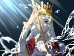  aisuqinle black_clover black_hair blue_eyes crown dress holding holding_staff lolopechka long_hair red_robe robe staff water white_dress 