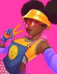 1girl apex_legends black_hair blue_gloves blue_overalls brown_eyes bucket_hat cropped_shirt detached_sleeves double_bun earrings english_commentary gloves hair_bun hat highres hoop_earrings jewelry lifeline_(apex_legends) looking_at_viewer mic_check_lifeline noush official_alternate_costume overalls pink_background red-tinted_eyewear smile solo sunglasses tank_top thick_lips tinted_eyewear two-tone_gloves upper_body v yellow_gloves yellow_headwear yellow_tank_top 