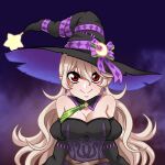  1girl bare_shoulders black_dress breasts cleavage corrin_(fire_emblem) corrin_(fire_emblem)_(female) crescent crescent_hat_ornament crescent_moon detached_sleeves dress facing_viewer fire_emblem fire_emblem_fates fire_emblem_heroes green_sash halloween halloween_costume hat hat_ornament hat_ribbon long_hair looking_at_viewer medium_breasts moon puffy_sleeves purple_ribbon red_eyes ribbon sash seityr smile star_(symbol) star_hat_ornament white_hair witch witch_hat 